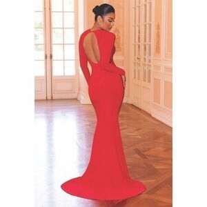 Club London Red Long Sleeve Backless Fishtail Train Maxi Dress